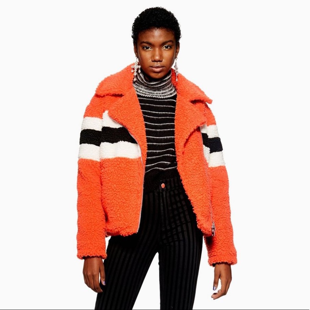 Topshop Orange Striped Teddy Sherpa Jacket